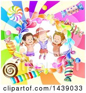 Poster, Art Print Of Boy And Girls In A Circle Of Candy Over A Swirl