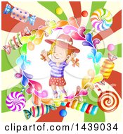 Clipart Of A Girl In A Circle Of Candy Over A Swirl Royalty Free Vector Illustration