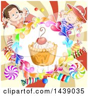 Clipart Of A Dessert In A Circle Of Candy With Two Girls Over A Swirl Royalty Free Vector Illustration