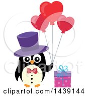 Poster, Art Print Of Male Penguin With A Gift And Valentine Heart Balloons