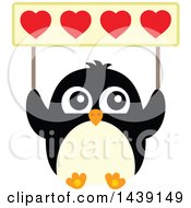 Clipart Of A Penguin Holding Up A Valentine Heart Banner Royalty Free Vector Illustration