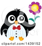 Clipart Of A Romantic Male Penguin Holding A Flower Royalty Free Vector Illustration