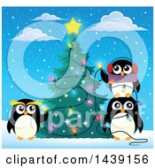 Clipart Of A Festive Penguin Family Decorating A Christmas Tree On A Snowy Day Royalty Free Vector Illustration