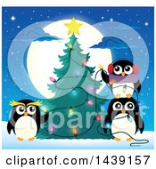 Clipart Of A Festive Penguin Family Decorating A Christmas Tree Against A Full Moon Royalty Free Vector Illustration