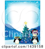 Poster, Art Print Of Border With A Festive Penguin Family Decorating A Christmas Tree