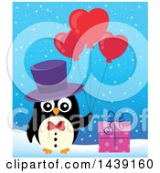 Clipart Of A Male Penguin With A Gift And Valentine Heart Balloons Royalty Free Vector Illustration