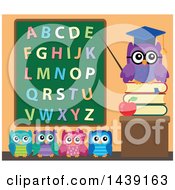 Poster, Art Print Of Professor Owl And Students In A Class Room Pointing To An Alphabet Chalkboard