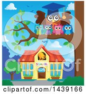 Clipart Of A Professor Owl And Students On A Tree Branch Near A School House Royalty Free Vector Illustration