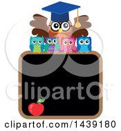 Clipart Of A Professor Owl And Students Over A Black Board Royalty Free Vector Illustration
