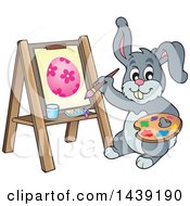 Poster, Art Print Of Happy Gray Easter Bunny Rabbit Painting An Egg On Canvas