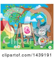 Clipart Of A Happy Gray Easter Bunny Rabbit Painting An Egg On Canvas Royalty Free Vector Illustration