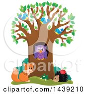 Poster, Art Print Of Spring Tree With Blossoms Leaves Birds An Owl Hedgehog And Fox