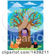Poster, Art Print Of Spring Tree With Blossoms Leaves Birds An Owl Hedgehog And Fox On A Beautiful Day