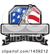 Poster, Art Print Of Retro Plumber Hand Holding A Pipe Monkey Wrench In An American Crest Over A Banner With Text Space