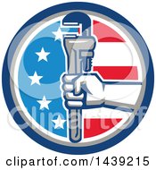 Poster, Art Print Of Retro Plumber Hand Holding A Pipe Monkey Wrench In An American Circle