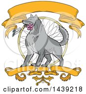 Clipart Of A Sketched Timber Wolf With A Pink Plumeria Flower In His Mouth Over A Dream Catcher With Banners Royalty Free Vector Illustration