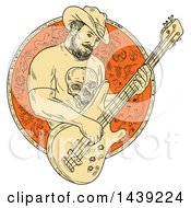 Poster, Art Print Of Sketched Bearded Cowboy Playing A Bass Guitar In A Circle
