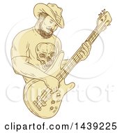 Poster, Art Print Of Sketched Bearded Cowboy Playing A Bass Guitar