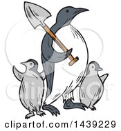 Poster, Art Print Of Sketched Emperor Penguin Carrying A Shovel Over His Shoulder And Walking With Chicks
