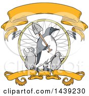 Poster, Art Print Of Sketched Emperor Penguin Carrying A Shovel Over His Shoulder And Walking With Chicks In A Dream Catcher With Ribbons