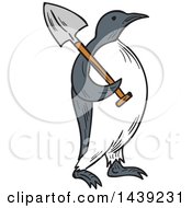 Poster, Art Print Of Sketched Emperor Penguin Carrying A Shovel Over His Shoulder
