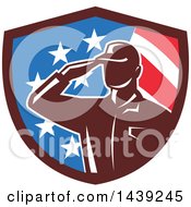 Poster, Art Print Of Retro Silhouetted Saluting American Soldier In A Flag Shield