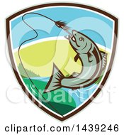 Poster, Art Print Of Retro Trout Fish Jumping To Bite A Hook In A Shield