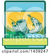 Poster, Art Print Of Retro Silhouetted Man Holding Out A Coffee Mug And Reeling In A Hooked Salmon Fish In A Rectangle