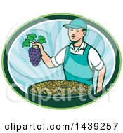 Retro Caucasian Farmer Boy Holding Purple Grapes Over A Bowl Of Raisins In An Oval