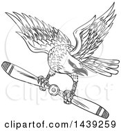 Sketched Black And White Shrike Bird Flying With A Propeller Blade