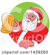 Poster, Art Print Of Sketched Santa Claus Holding A Mug Of Beer Emerging From A Circle