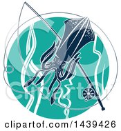 Clipart Of A Squid In A Turquoise Circle With A Fishing Pole Royalty Free Vector Illustration