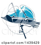 Poster, Art Print Of Squid In A Circle With A Fishing Pole And Boat