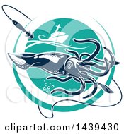 Poster, Art Print Of Squid In A Turquoise Circle With A Fishing Boat And Hook