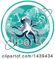 Poster, Art Print Of Navy Blue Octopus With A Hook In A Circle
