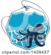 Poster, Art Print Of Navy Blue Octopus In An Octagon Of Water With A Fishing Hook And Waves