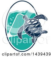 Poster, Art Print Of Navy Blue Sea Turtle With A Net