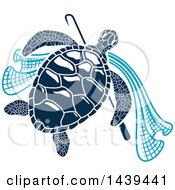 Poster, Art Print Of Navy Blue Sea Turtle With A Hook And Net