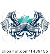 Poster, Art Print Of Navy Blue Crab With Netting And A Boat