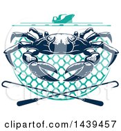 Poster, Art Print Of Navy Blue Crab On A Net Under A Boat With Hooks