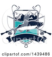 Poster, Art Print Of Salmon Over Crossed Fishing Poles With Hooks In A Mountain Shield