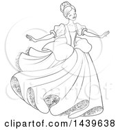 Clipart Of A Black And White Lineart Young Lady Cinderella Dancing In A Gown Royalty Free Vector Illustration