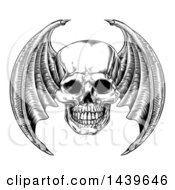 Poster, Art Print Of Black And White Woodcut Etched Or Engraved Bat Or Dragon Winged Skull