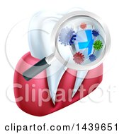 Poster, Art Print Of Magnifying Glass Over A Tooth Displaying Bacteria And A Shield