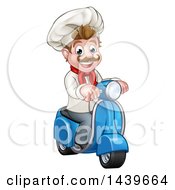 Poster, Art Print Of Cartoon Happy White Male Chef On A Delivery Scooter