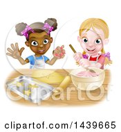 Clipart Of Cartoon Happy White And Black Girls Making Pink Frosting And Star Shaped Cookies Royalty Free Vector Illustration