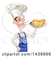 Poster, Art Print Of White Male Chef With A Curling Mustache Holding A Hot Dog And Fries On A Platter