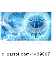 Vitruvian Over An Electric Blue Hexagon Background