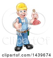 Poster, Art Print Of Cartoon Full Length Happy White Male Plumber Holding A Plunger And Giving A Thumb Up