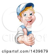 Poster, Art Print Of Cartoon Happy White Male Worker Giving A Thumb Up Around A Sign